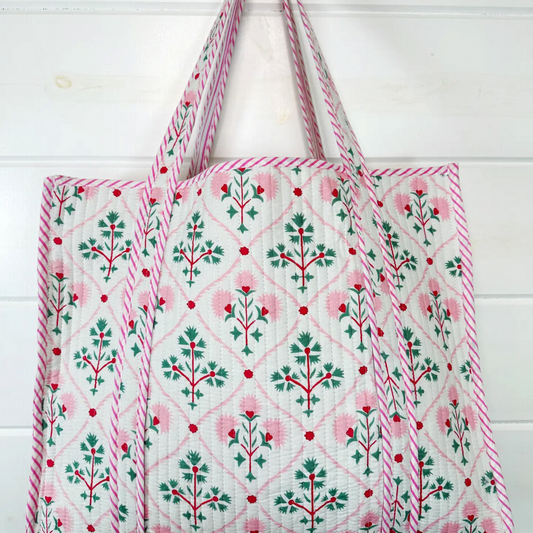 Folk Floral Quilted Handmade Reversible Tote Bag