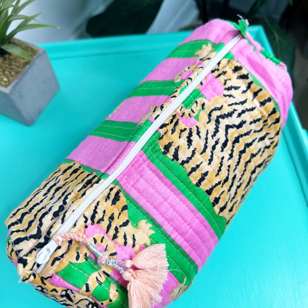 Green/Pink Tigers Handmade quilted Cosmetic Toiletry Bag