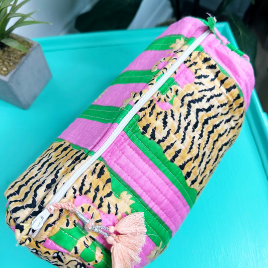 Green/Pink Tigers Handmade quilted Cosmetic Toiletry Bag