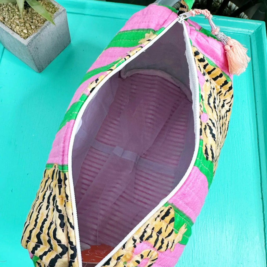 Green/Pink Tigers Handmade quilted Cosmetic Toiletry Bag