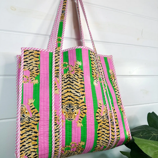 Green/Pink Tigers Handmade quilted Large Travel Tote Bag