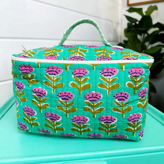 Aqua Floral Print Weekender Handmade quilted travel toiletry case