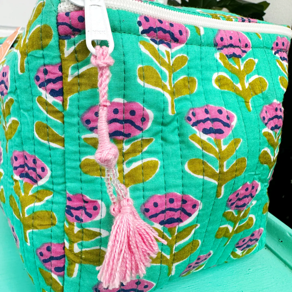 Aqua Floral Print Weekender Handmade quilted travel toiletry case