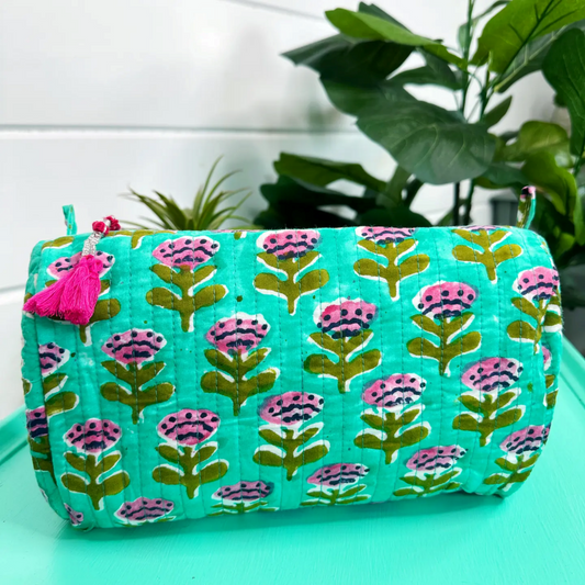 Aqua Floral Print Cosmetic Handmade quilted travel bag