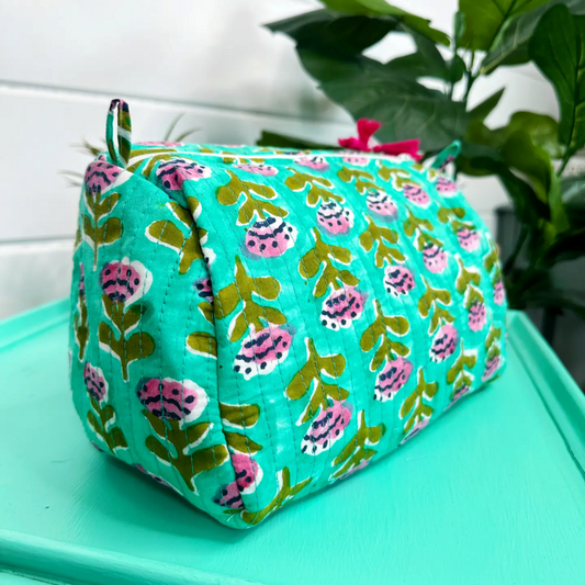 Aqua Floral Print Cosmetic Handmade quilted travel bag
