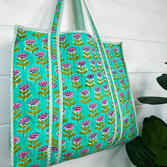 Aqua Floral Print Large Handmade Reversible quilted tote bag