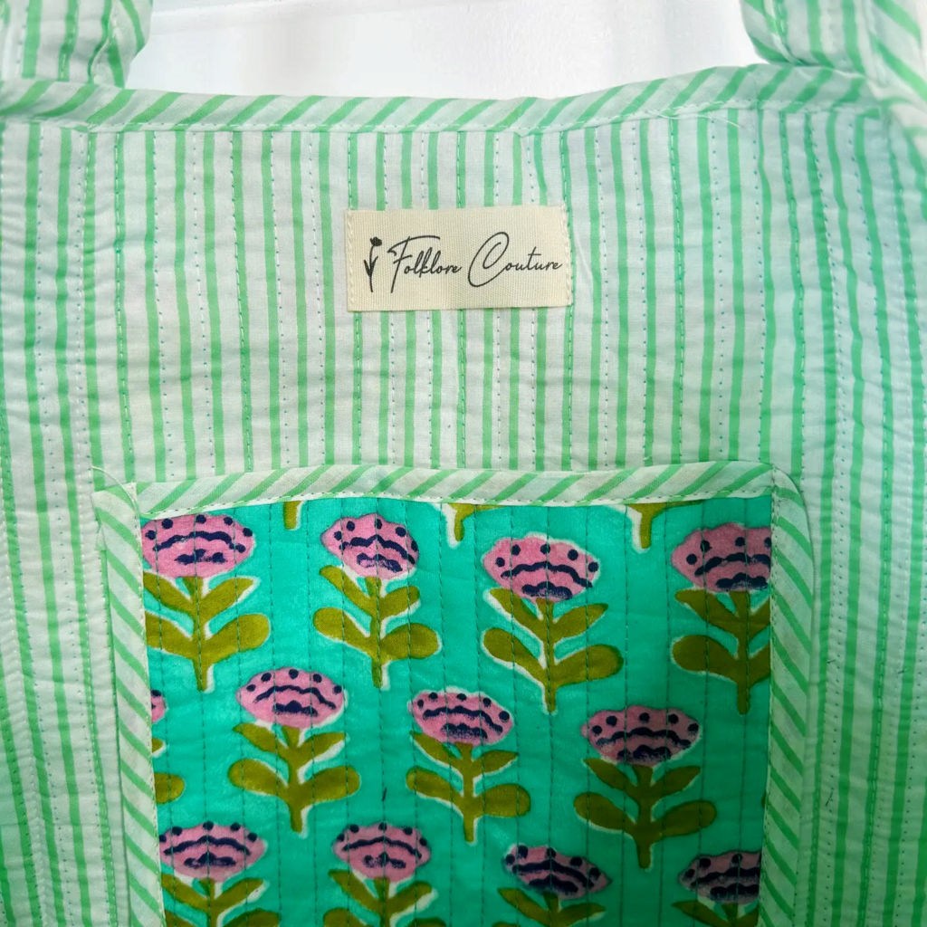 Aqua Floral Print Large Handmade Reversible quilted tote bag