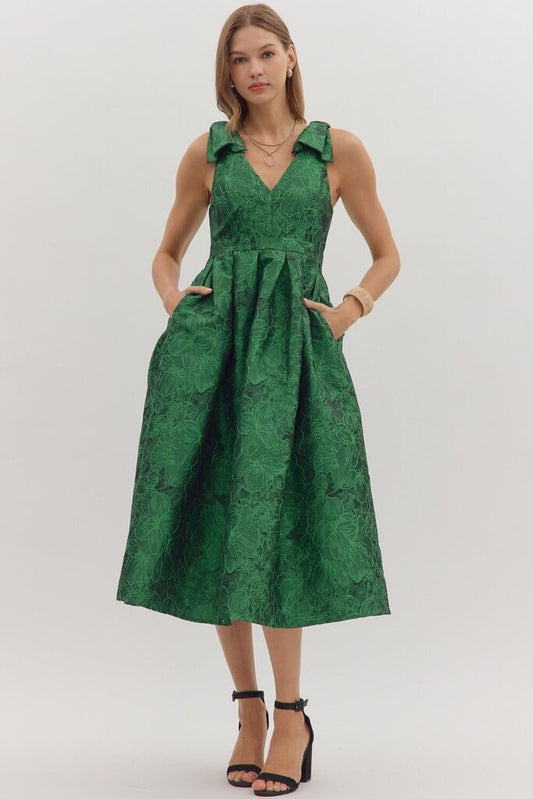 Jacquard Emerald Bow Accent Dress