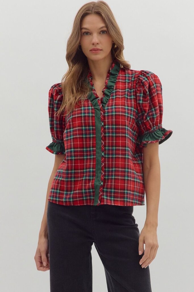 Plaid Puff Sleeve Ruffle Trim Top