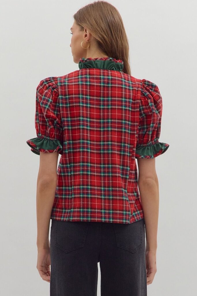 Plaid Puff Sleeve Ruffle Trim Top