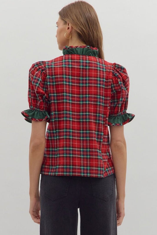 Plaid Puff Sleeve Ruffle Trim Top