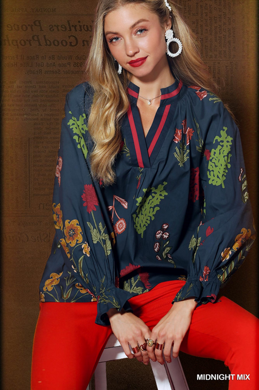 Floral V-Neck Open Collar Top