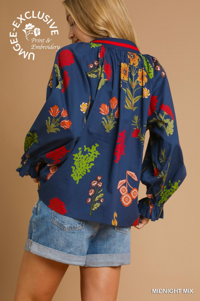 Floral V-Neck Open Collar Top