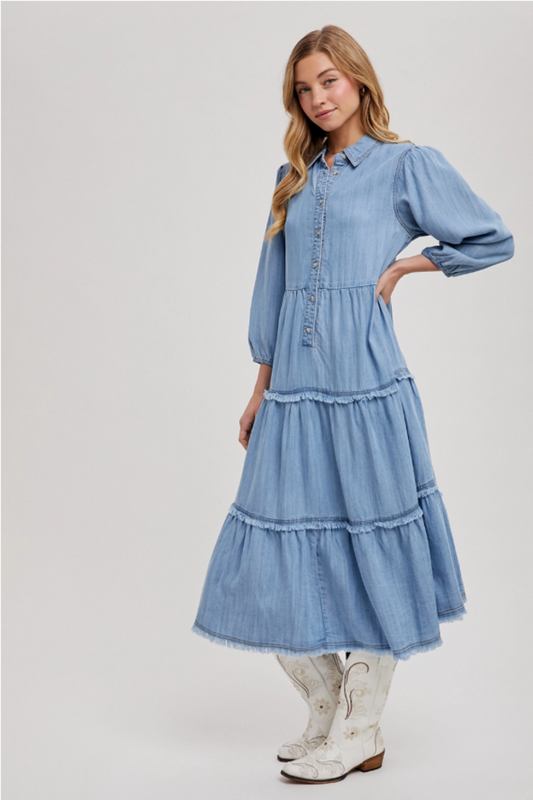 Denim Tiered Midi Dress