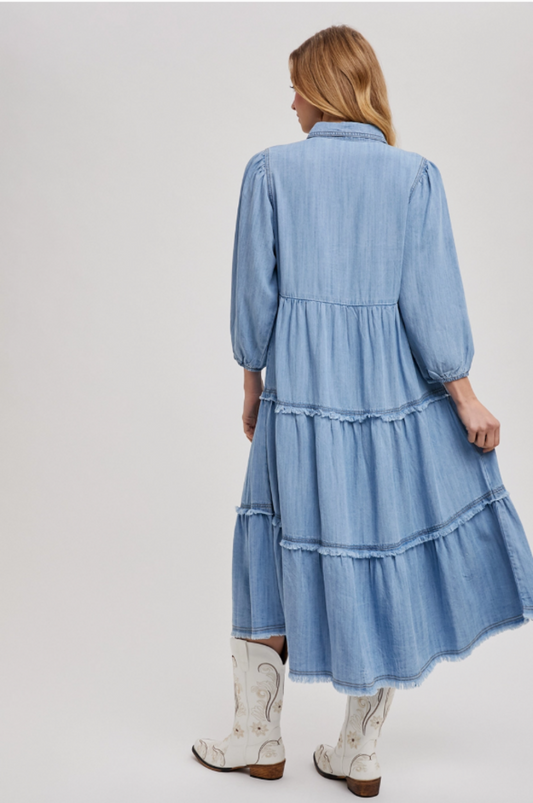 Denim Tiered Midi Dress