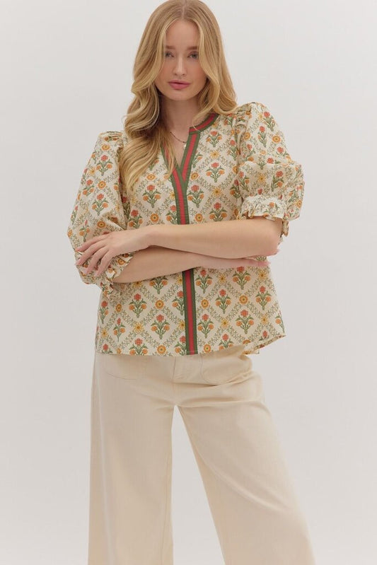 Botanical Print 3/4 Sleeve Top
