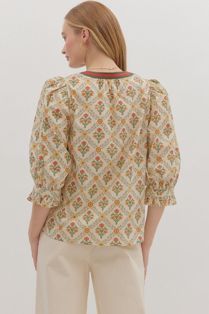 Botanical Print 3/4 Sleeve Top