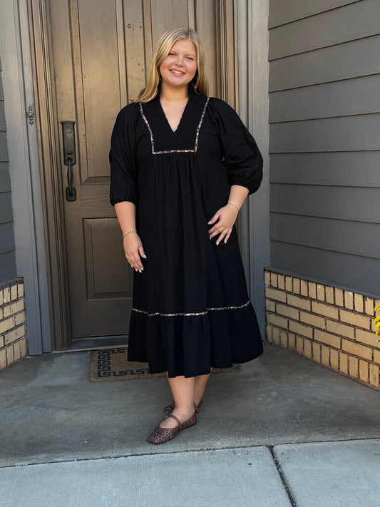 Collared Midi Dress with Leopard Trim