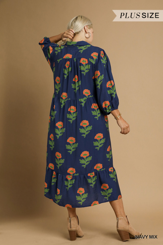 Navy & Orange Floral Midi Dress