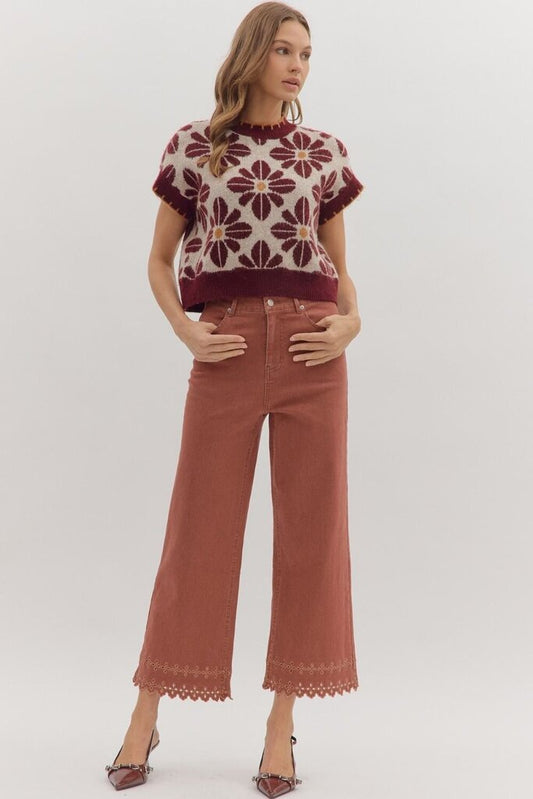 High Waist Embroidered Hem Ankle Pant