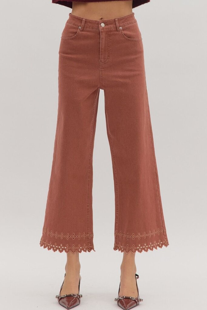 High Waist Embroidered Hem Ankle Pant