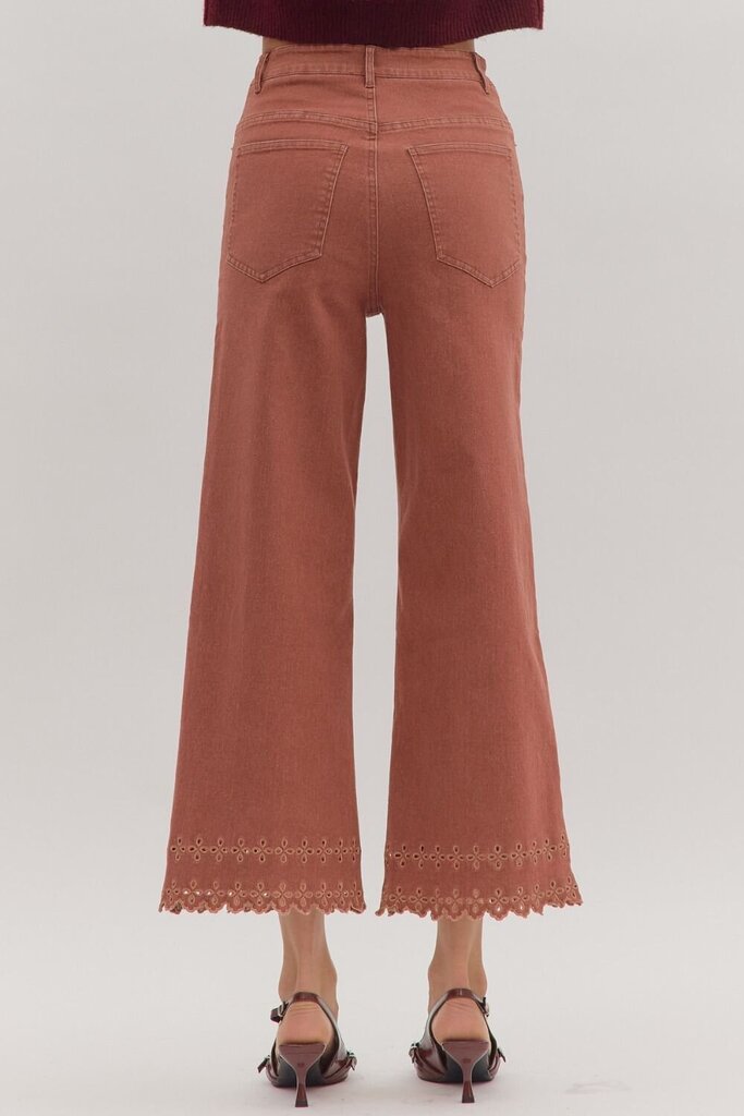 High Waist Embroidered Hem Ankle Pant