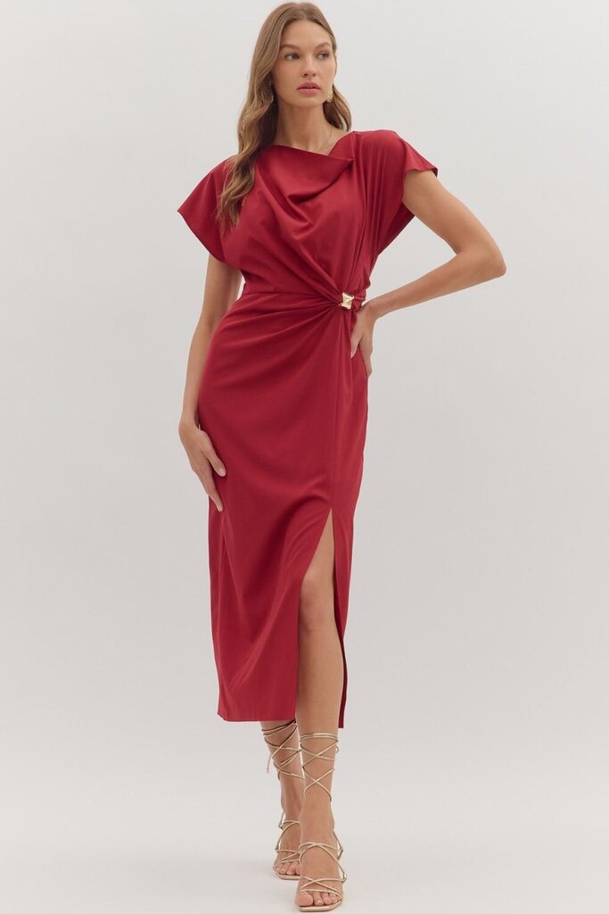 Draped Neckline Side Ring Midi Dress