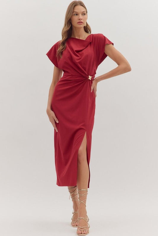 Draped Neckline Side Ring Midi Dress
