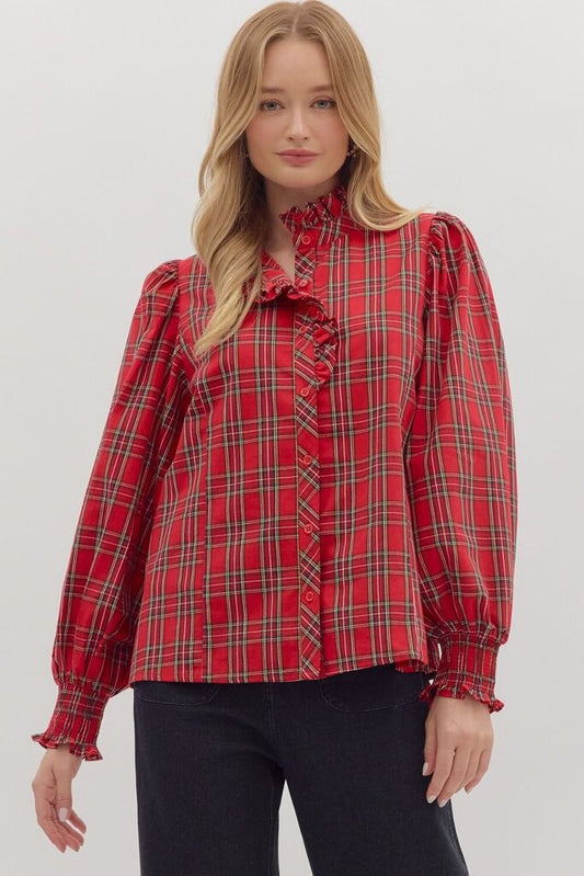 Plaid Ruffle Accent Blouse