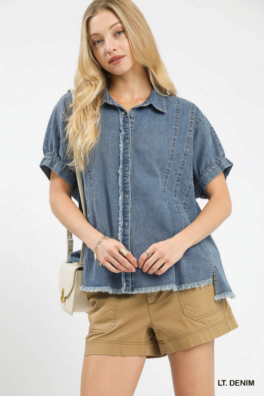 Light Denim Button Down with Raw Edge