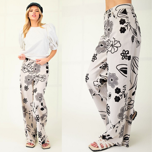 Printed Twill Wide Leg Pants