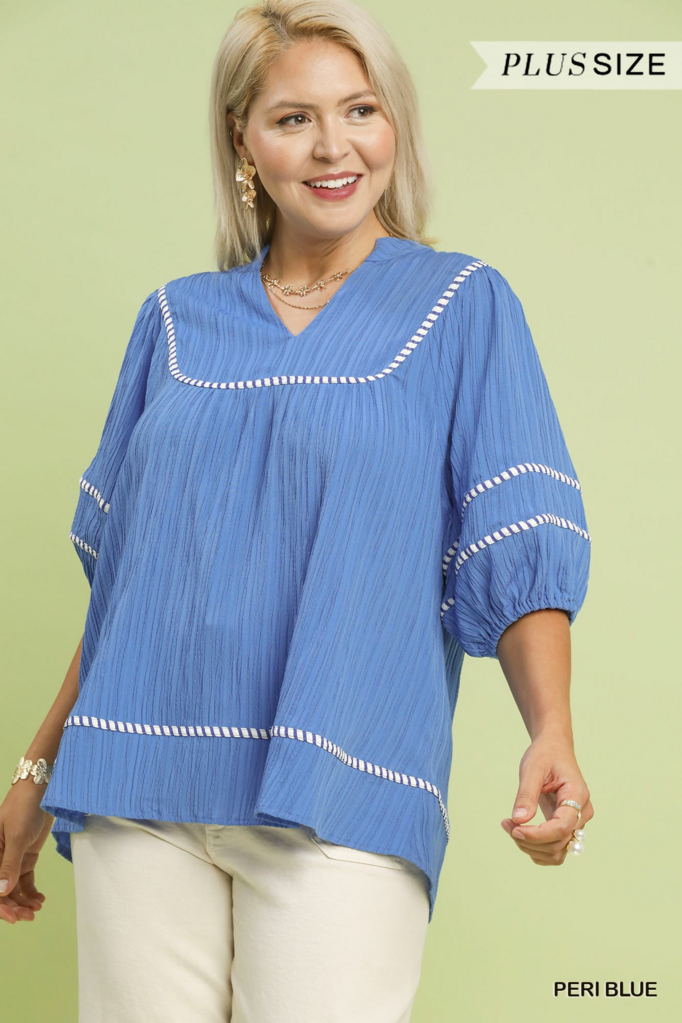 Blue V-Neck Crinkle Top
