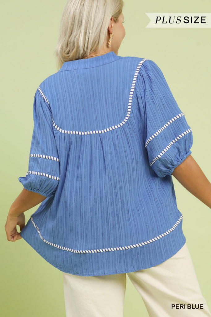 Blue V-Neck Crinkle Top