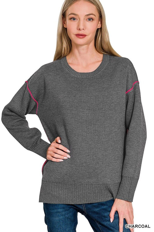 Round Neck Contrast Trim Sweater