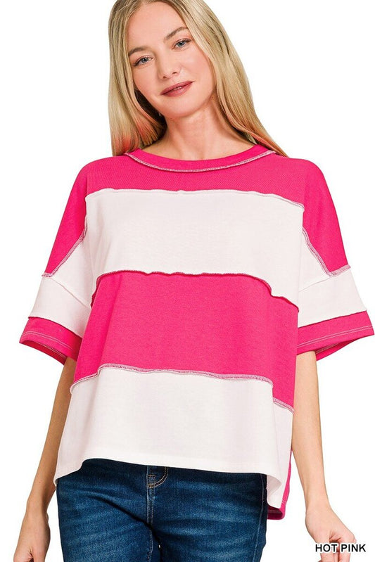 Dark Pink French Terry Color Block Top