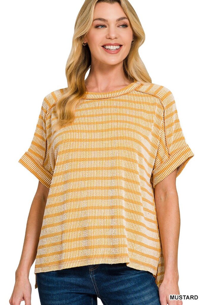 Mustard Raised Rib Striped Top