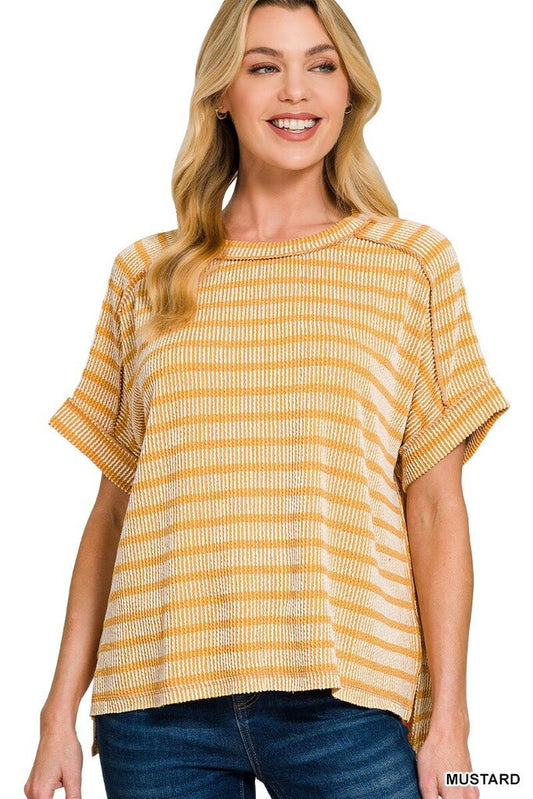 Mustard Raised Rib Striped Top