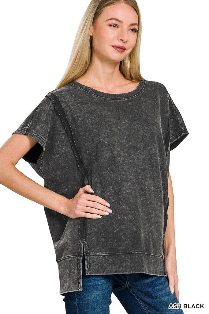 Ash Black French Terry Acid Wash Top