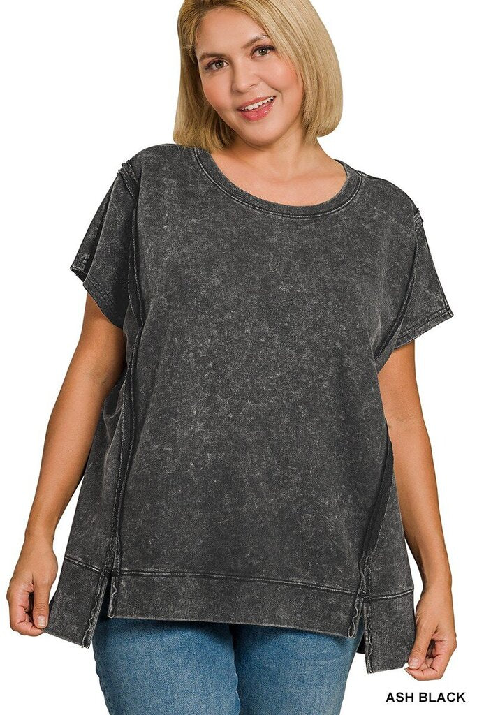 Ash Black French Terry Acid Wash Top- Curvy