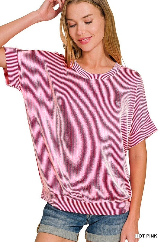 Hot Pink Corded Rib Short Sleeve Top