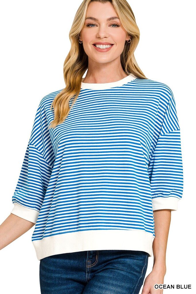 Ocean Blue Striped Contrast Trim Banded Top