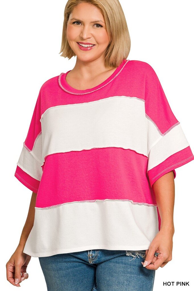 Dark Pink French Terry Color Block Top- Curvy