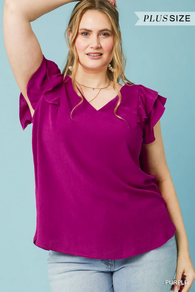 Purple V-neck flutter sleeve top