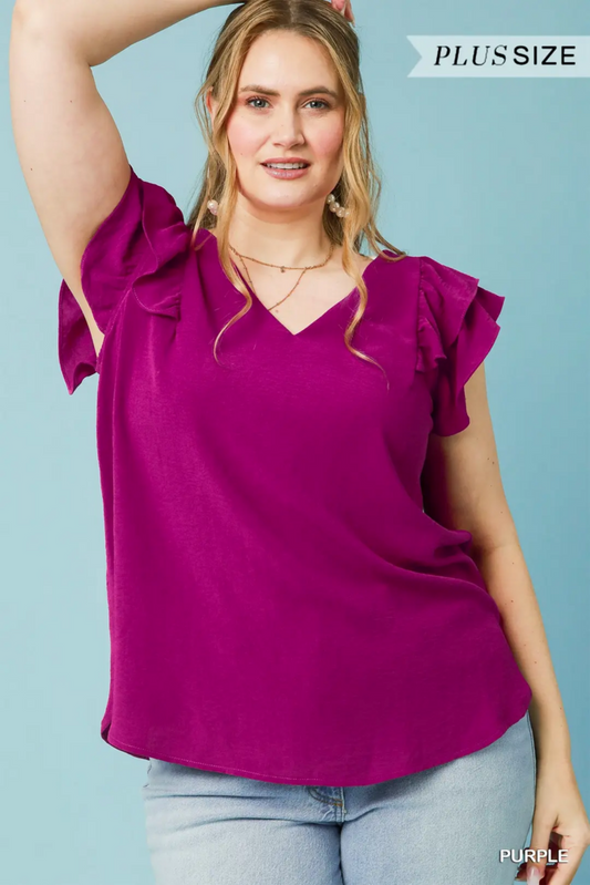 Purple V-neck flutter sleeve top