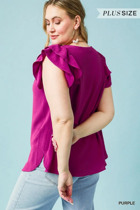Purple V-neck flutter sleeve top