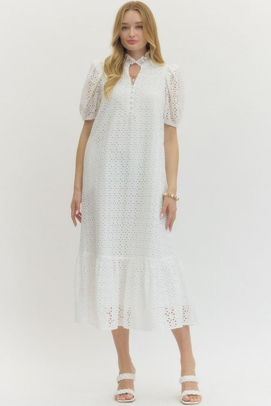 White Eyelet Puff Sleeve Midi Dress