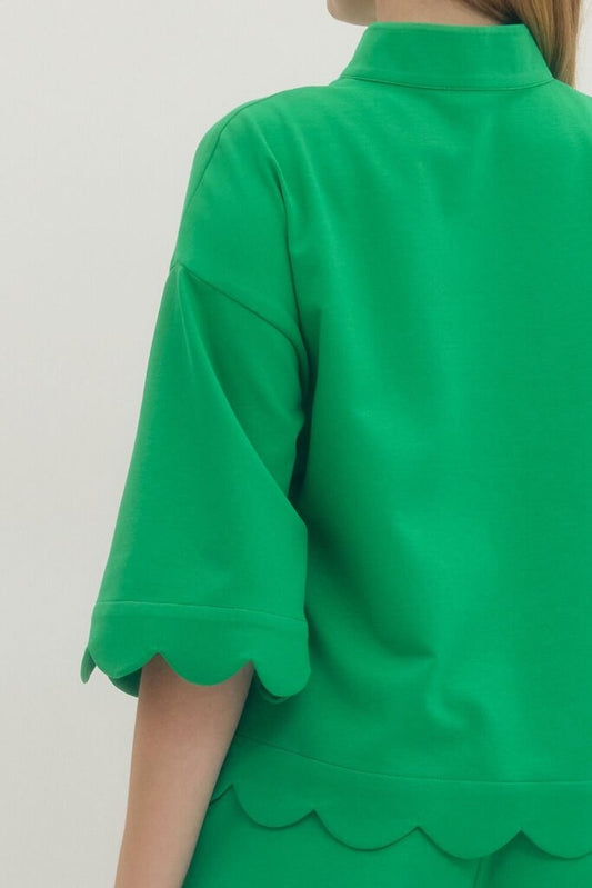 Green V-Neck Scalloped Hem Top