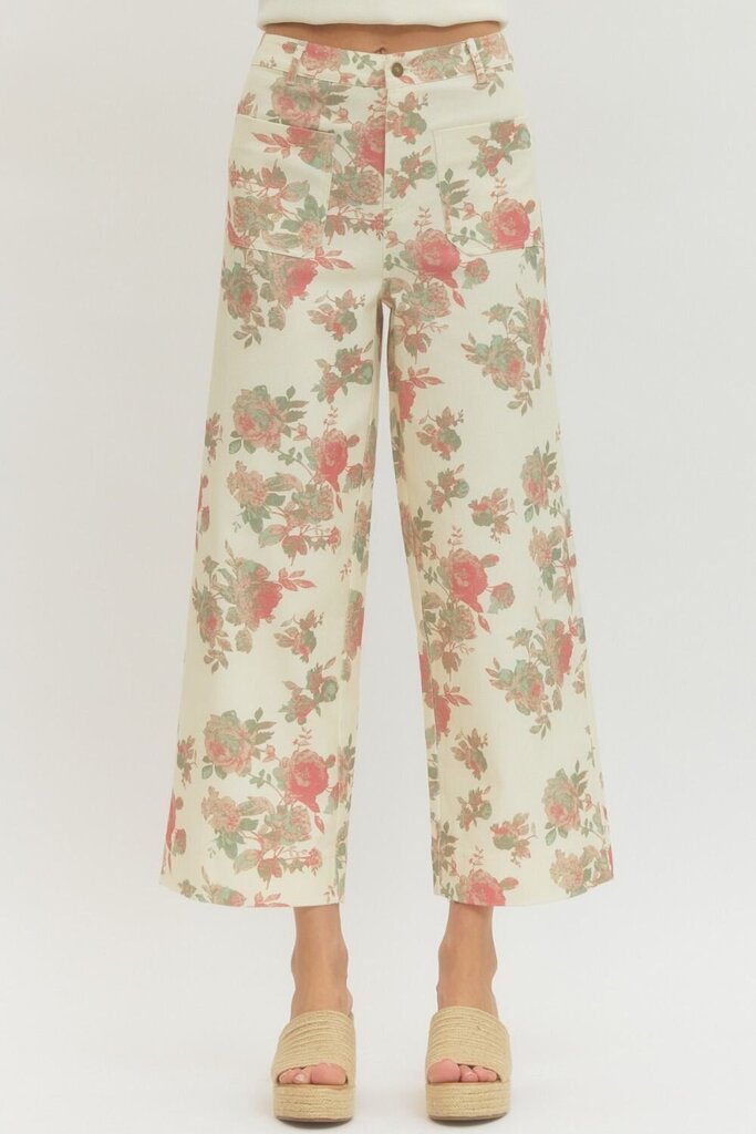 Cream Floral Mid-Rise Ankle Pant
