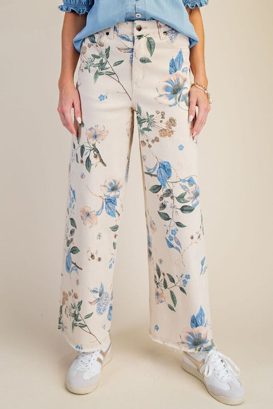 Ecru Flower Print Soft Stretch Twill