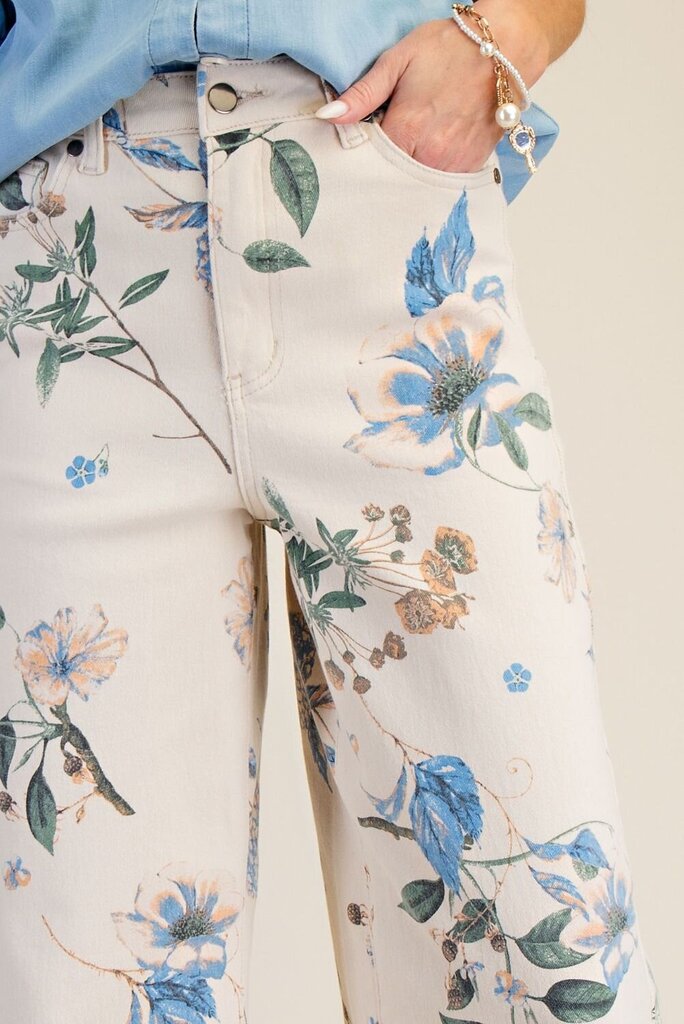 Ecru Flower Print Soft Stretch Twill